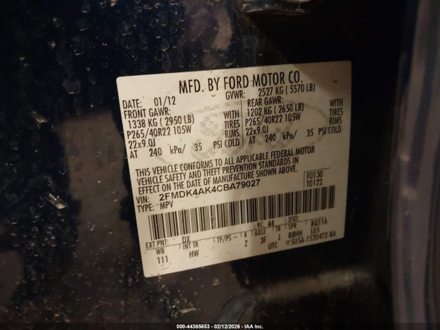 2012 Ford Edge Sport მანქანა იყიდება აუქციონზე, vin: 2FMDK4AK4CBA79027, აუქციონის ნომერი: 44365653
