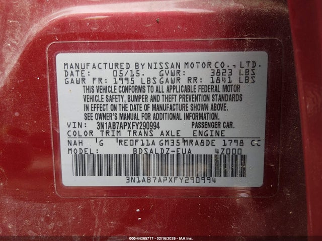 2015 Nissan Sentra Sv მანქანა იყიდება აუქციონზე, vin: 3N1AB7APXFY290994, აუქციონის ნომერი: 44365717