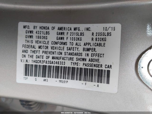 1HGCR2F82GA046303 Honda Accord Ex-l