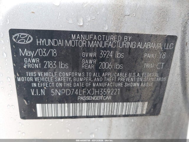 Aukcja sprzedaży 2018 Hyundai Elantra Se, vin: 5NPD74LFXJH359221, numer aukcji: 44365759