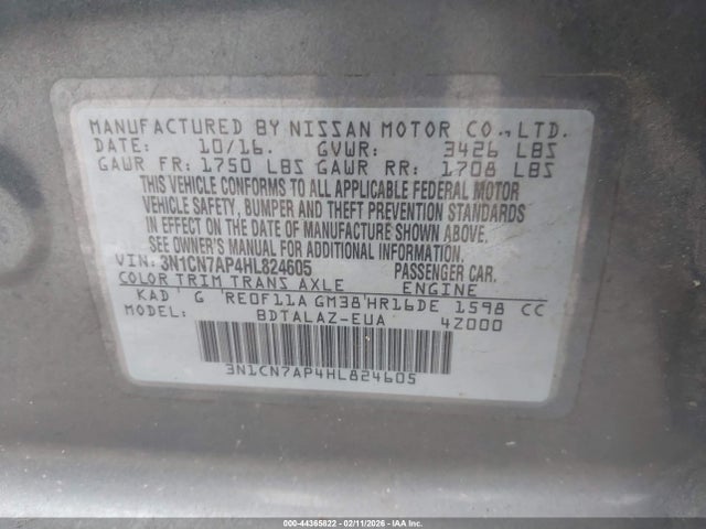 3N1CN7AP4HL824605 Nissan Versa 1.6 S+