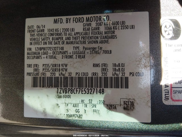 44365834 :رقم المزاد ، 1ZVBP8CF7E5327148 vin ، 2014 Ford Mustang Gt مزاد بيع