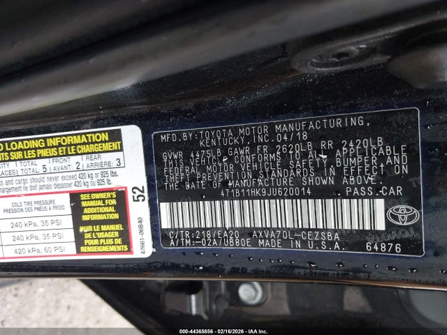 2018 Toyota Camry Se მანქანა იყიდება აუქციონზე, vin: 4T1B11HK9JU620014, აუქციონის ნომერი: 44365856