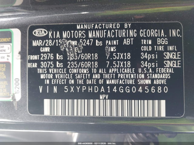 5XYPHDA14GG045680 KIA Sorento 2.0t Ex