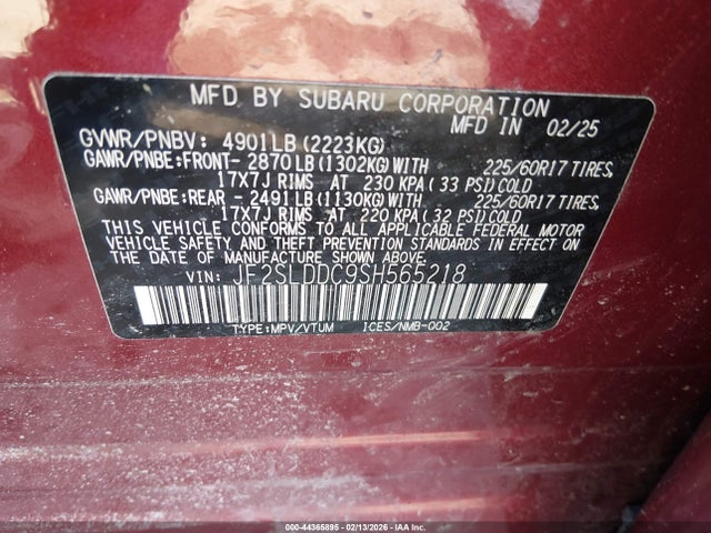 44365895 :رقم المزاد ، JF2SLDDC9SH565218 vin ، 2025 Subaru Forester Premium مزاد بيع