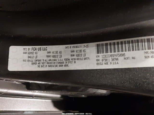 2015 Chrysler 200 Limited მანქანა იყიდება აუქციონზე, vin: 1C3CCCAB5FN750905, აუქციონის ნომერი: 44365908