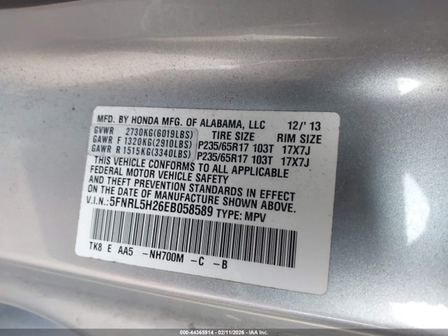 5FNRL5H26EB058589 Honda ODYSSEY LX