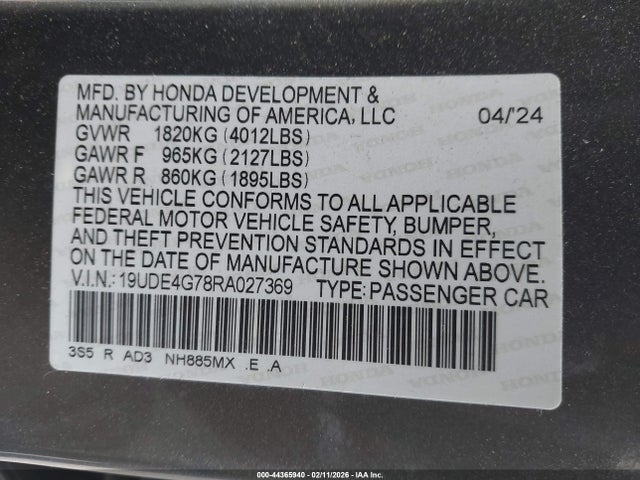 Aukcja sprzedaży 2024 Acura Integra A-spec Technology, vin: 19UDE4G78RA027369, numer aukcji: 44365940