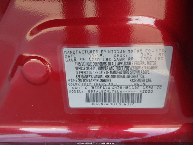 Aukcja sprzedaży 2019 Nissan Versa 1.6 Sv, vin: 3N1CN7AP0KL856037, numer aukcji: 44365948