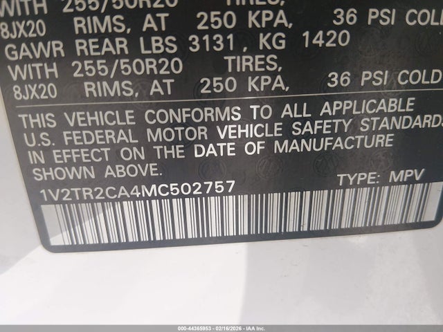 44365953 :رقم المزاد ، 1V2TR2CA4MC502757 vin ، 2021 Volkswagen Atlas 3.6l V6 Sel Premium مزاد بيع