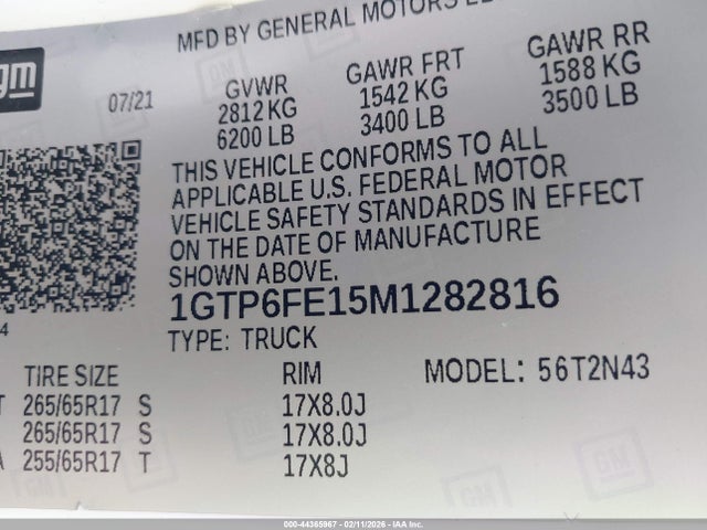 44365967 :رقم المزاد ، 1GTP6FE15M1282816 vin ، 2021 Gmc Canyon 4wd  Short Box At4 - Cloth مزاد بيع