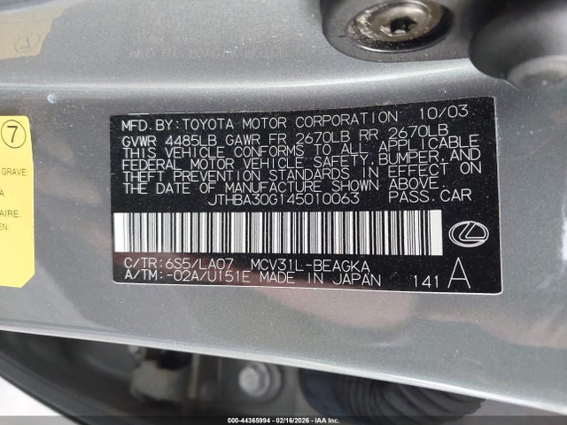 2004 Lexus Es 330 მანქანა იყიდება აუქციონზე, vin: JTHBA30G145010063, აუქციონის ნომერი: 44365994