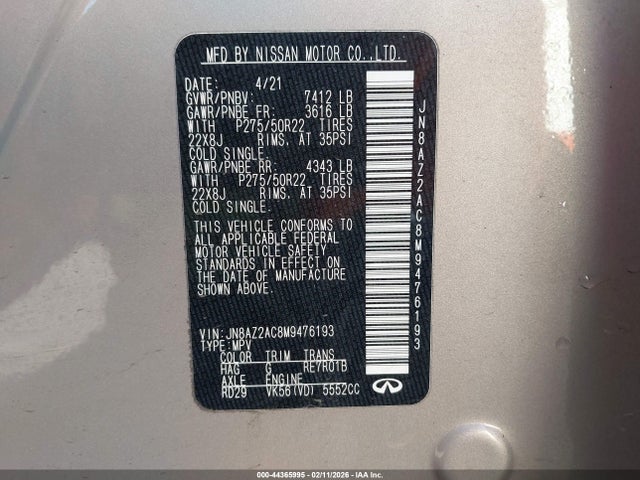 Продаж на аукціоні авто 2021 Infiniti Qx80 Premium Select Awd, vin: JN8AZ2AC8M9476193, номер лоту: 44365995