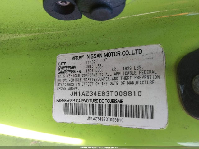 44366066 :رقم المزاد ، JN1AZ34E83T008810 vin ، 2003 Nissan 350z Touring مزاد بيع