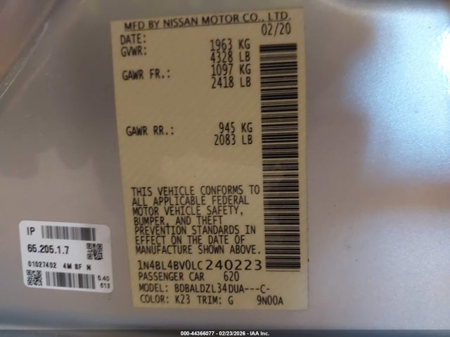 1N4BL4BV0LC240223 Nissan Altima S Fwd