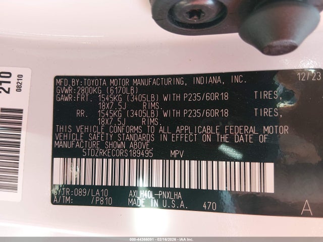 5TDZRKEC0RS189495 Toyota Sienna Limited