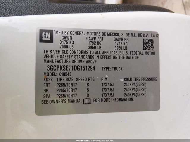 44366121 :رقم المزاد ، 3GCPKSE71DG151294 vin ، 2013 Chevrolet Silverado 1500 Lt مزاد بيع