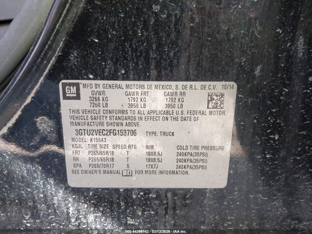 2015 Gmc Sierra 1500 Slt მანქანა იყიდება აუქციონზე, vin: 3GTU2VEC2FG153706, აუქციონის ნომერი: 44366142