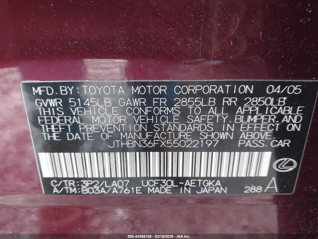 44366158 :رقم المزاد ، JTHBN36FX55022197 vin ، 2005 Lexus Ls 430 مزاد بيع