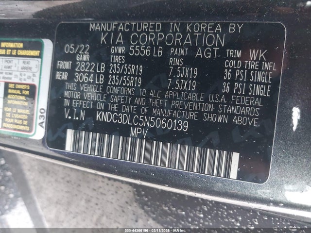 44366196 :رقم المزاد ، KNDC3DLC5N5060139 vin ، 2022 Kia Ev6 Wind مزاد بيع
