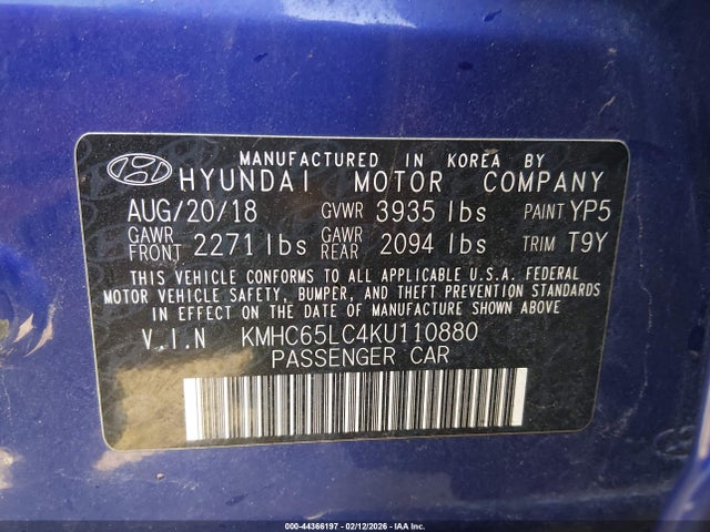 44366197 :رقم المزاد ، KMHC65LC4KU110880 vin ، 2019 Hyundai Ioniq Hybrid Blue مزاد بيع