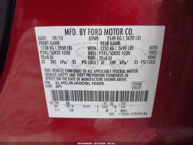 Продажа на аукционе авто 2013 Lincoln Mkx, vin: 2LMDJ8JK0DBL16886, номер лота: 44366206