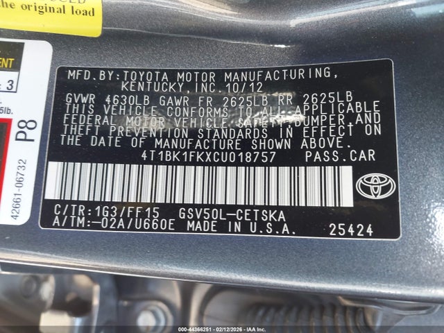 2012 Toyota Camry Se V6 მანქანა იყიდება აუქციონზე, vin: 4T1BK1FKXCU018757, აუქციონის ნომერი: 44366251