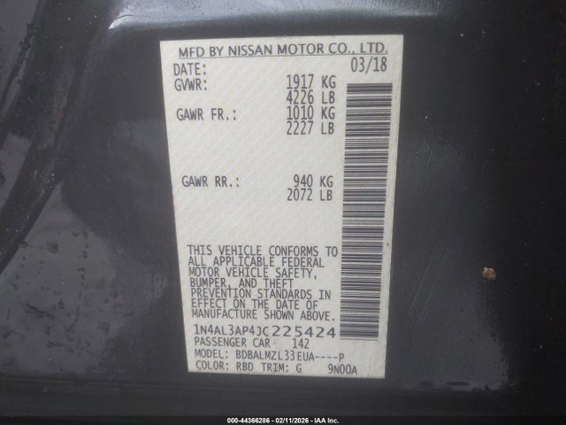 44366286 :رقم المزاد ، 1N4AL3AP4JC225424 vin ، 2018 Nissan Altima 2.5 Sv مزاد بيع
