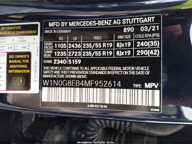 Aukcja sprzedaży 2021 Mercedes-benz Glc 300 4matic Suv, vin: W1N0G8EB4MF952614, numer aukcji: 44366336