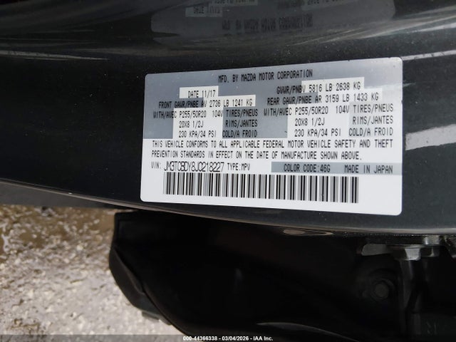 44366338 :رقم المزاد ، JM3TCBDY8J0218227 vin ، 2018 Mazda Cx-9 Grand Touring مزاد بيع