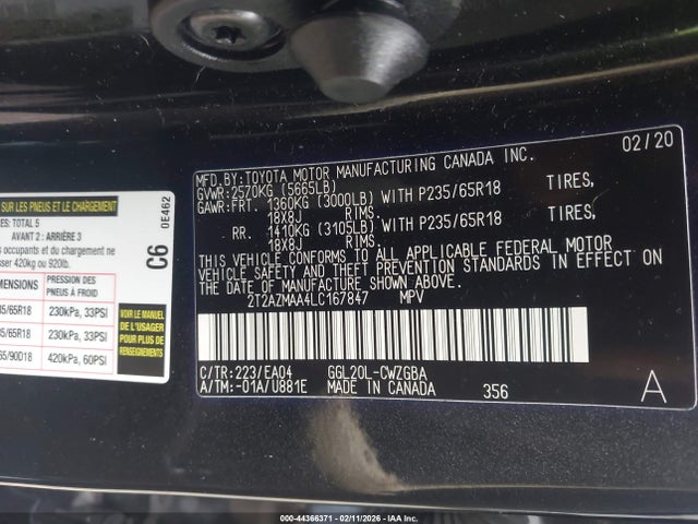 44366371 :رقم المزاد ، 2T2AZMAA4LC167847 vin ، 2020 Lexus Rx 350 مزاد بيع
