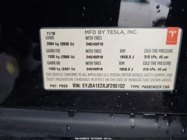Aukcja sprzedaży 2018 Tesla Model S 100d/75d/p100d, vin: 5YJSA1E2XJF295102, numer aukcji: 44366375