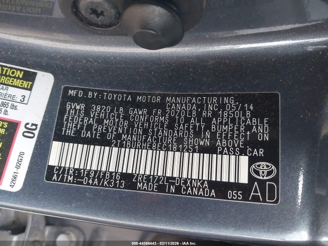 2014 TOYOTA COROLLA 2T1BURHE8EC181251 Photo 8
