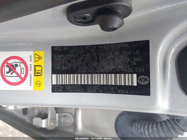 Aukcja sprzedaży 2018 Lexus Es 350, vin: 58ABK1GG5JU087811, numer aukcji: 44366561
