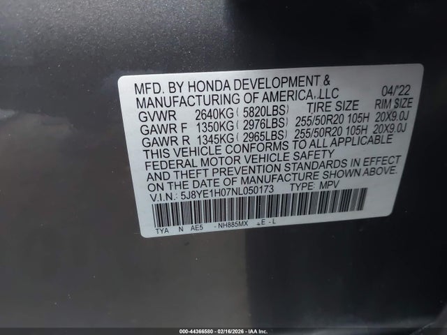 44366580 :رقم المزاد ، 5J8YE1H07NL050173 vin ، 2022 Acura Mdx A-spec Package مزاد بيع