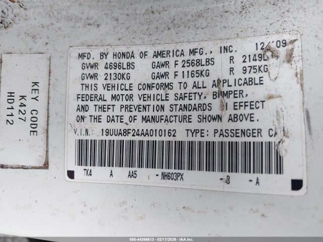 44366613 :رقم المزاد ، 19UUA8F24AA010162 vin ، 2010 Acura Tl 3.5 مزاد بيع