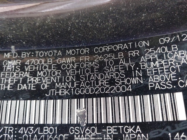 44366632 :رقم المزاد ، JTHBK1GG0D2022004 vin ، 2013 Lexus Es 350 مزاد بيع