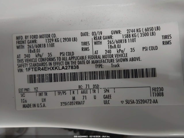 1FTER4EHXKLA27838 Ford Ranger Xlt