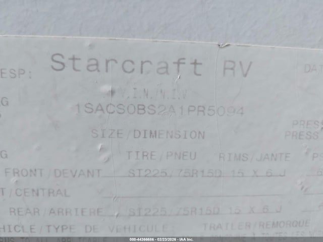 44366686 :رقم المزاد ، 1SACS0BS2A1PR5094 vin ، 2010 Starcraft Homestead مزاد بيع