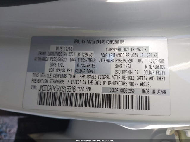 Aukcja sprzedaży 2019 Mazda Cx-9 Grand Touring, vin: JM3TCADY5K0315316, numer aukcji: 44366699