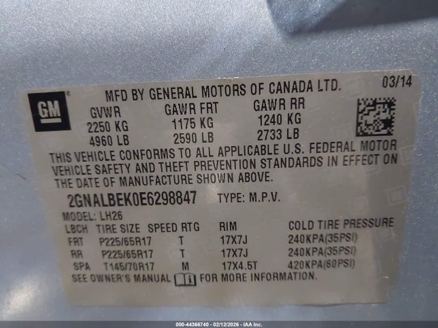 2GNALBEK0E6298847 Chevrolet EQUINOX 1LT