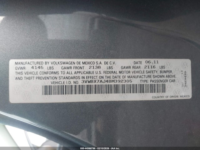 Продажа на аукционе авто 2011 Volkswagen Jetta 2.5l Se, vin: 3VWBX7AJ4BM392305, номер лота: 44366796