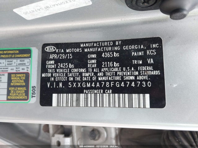 Aukcja sprzedaży 2015 Kia Optima Lx, vin: 5XXGM4A78FG474730, numer aukcji: 44366880