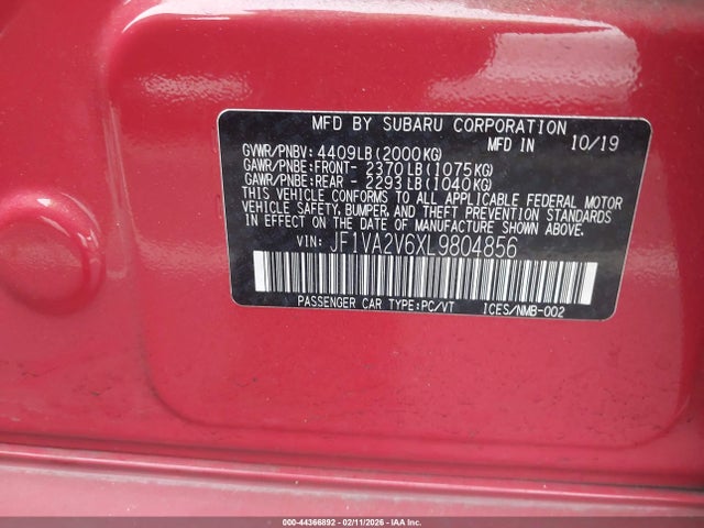 Продаж на аукціоні авто 2020 Subaru Wrx Sti Limited, vin: JF1VA2V6XL9804856, номер лоту: 44366892