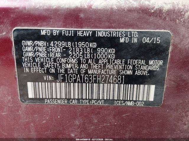 44366919 :رقم المزاد ، JF1GPAT63FH274681 vin ، 2015 Subaru Impreza 2.0i Sport Premium مزاد بيع