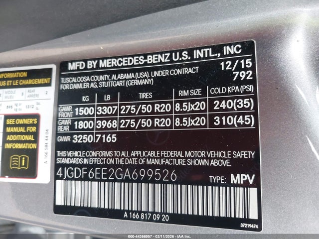 Продаж на аукціоні авто 2016 Mercedes-benz Gl 450 4matic, vin: 4JGDF6EE2GA699526, номер лоту: 44366957