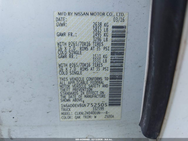 44366969 :رقم المزاد ، 1N6AD0EV8GN752505 vin ، 2016 Nissan Frontier Pro-4x/s/sl/sv مزاد بيع