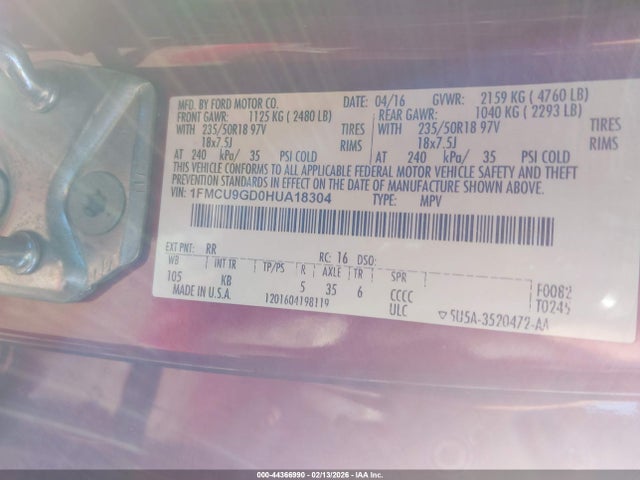 1FMCU9GD0HUA18304 Ford ESCAPE SE