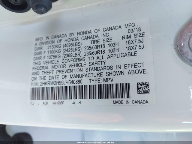 2HKRW2H99JH640880 Honda Cr-v Touring