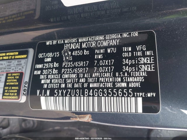 44367043 :رقم المزاد ، 5XYZU3LB4GG355655 vin ، 2016 Hyundai Santa Fe Sport 2.4l مزاد بيع